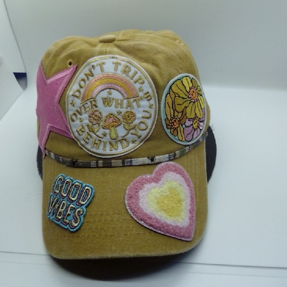 Hand Crafted Tan Hat with Pink and Yellow Accents